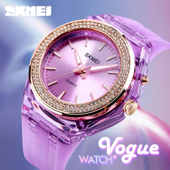 

SKMEI Fashion Quartz Women Watches 5bar Waterproof LED Backlight Rhinestone Inlaid Dial Transparent Case Strap reloj mujer 1553