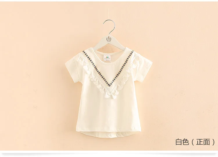 Girls Clothes 2018 Summer 100% Cotton White Pink Solid Color V Tassels Patchwork Short Sleeve O-Neck T Shirt Girls (4)