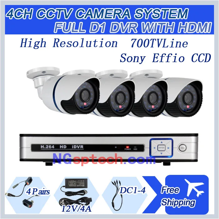 

New Arrival!  4pcs 700TVL Effio Sony CCTV Outdoor Dome waterproof IR cameras plus 4CH full D1 network DVR cctv camera system kit