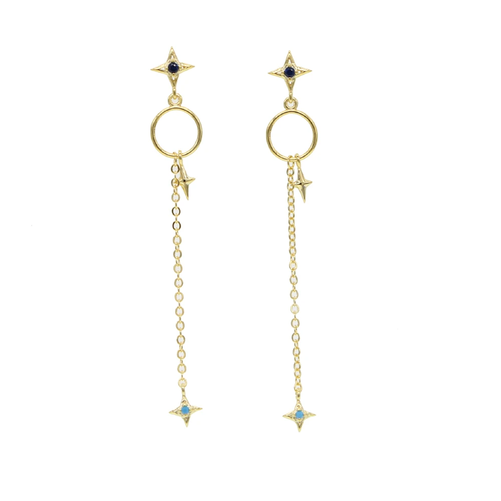 

2018 New Long Asymmetrical Circle Eardrop Tassel Stars Pave CZ Star dangle Earrings Gold Color Fashion Fine Jewelry For Women