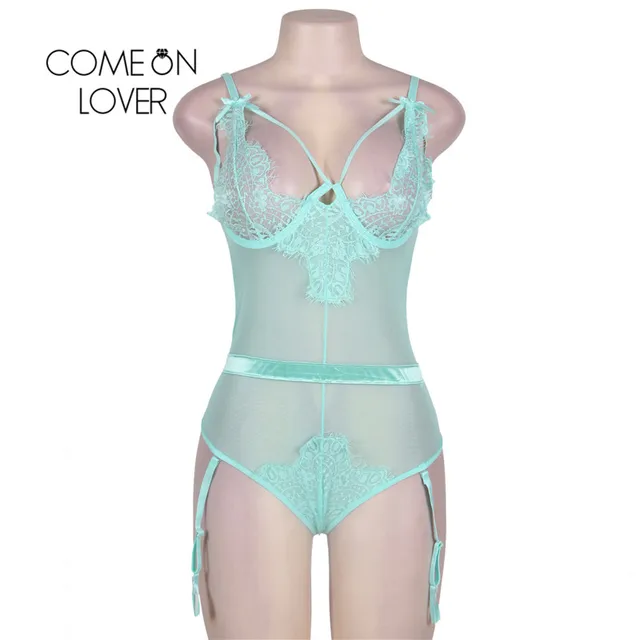 Comeonlover Eyelash Lace Sexy Transparent Bodysuit See Through Club Wear Plus Size Black With Garter Backless Bodysuit RI80266