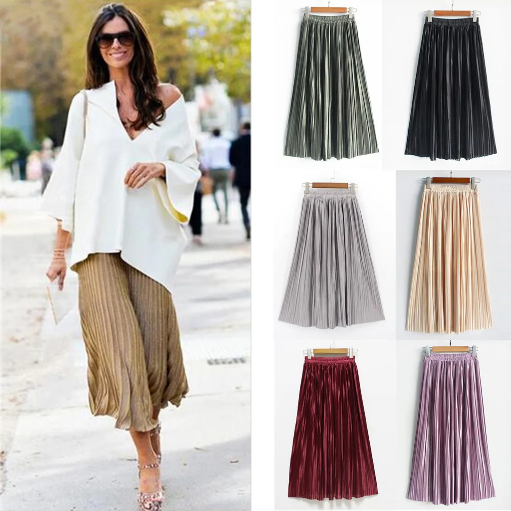 Women's Solid Color High Waist Pleated A-Line Swing Skirt Stretchy Waistline Mujer Moda Midi Denim Vadim Summer Skirts C30626