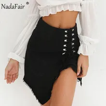 Nadafair мини-юбки с высокой талией летние женские Асимметричные пикантные повседневные юбки черного цвета на шнуровке