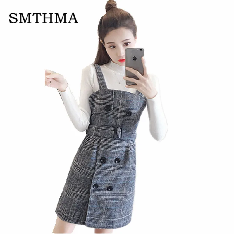 

SMTHMA Women's Two Piece Set 2019 Autumn Female Small fragrant Long sleeved Tweed woolen suit dress Women Runway dress vestidos