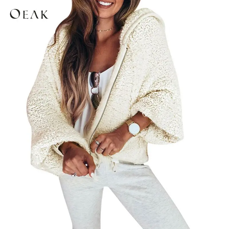 

OEAK Winter Warm Faux Fur Fleece Jackets Autumn Women Long Sleeve Oversized Hooded Coat Top Female Fuzzy Outerwear 2018 Hot New