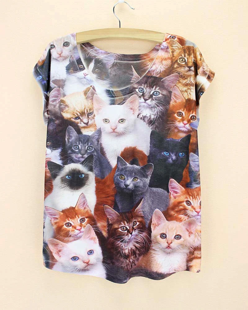 Женская летняя футболка с принтом много кошек|tees women|women summer t-shirttees for women |