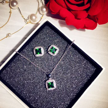 

Jewelry Sets For Women Vintage Emerald Stud Earrings Necklace Pendant Set Temperament Cubic Zirconia Square Fine Jewelry