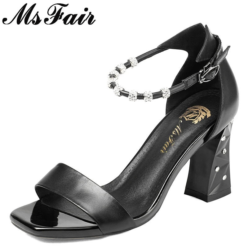 MsFair Square Toe Square heel Women Sandals Fashion Crystal High Heel Sandals 2018 Metal Buckle High Heels Women's Sandals