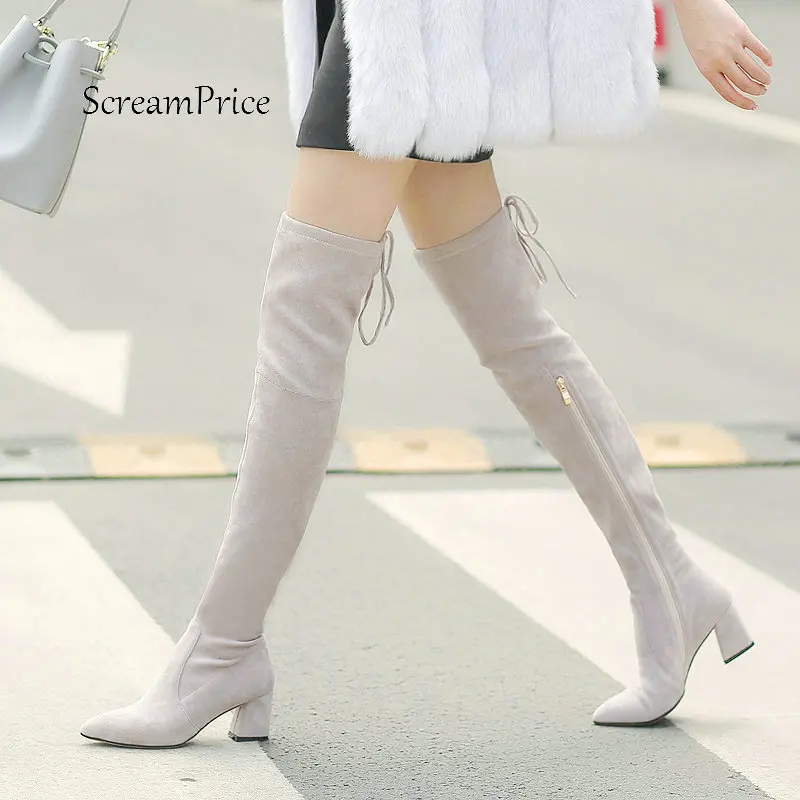 

Women Suede Comfortable Square Heel With Side Zipper Thigh Boots Fashion Cross Tied Winter Elastic Boots Black Gray Green
