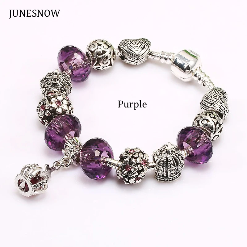 

JUNESNOW 2017 New Design Purple Crown Beads fit Charm Pandora Bracelet With Crystal Women Silver Plated Jewelry ZY1501