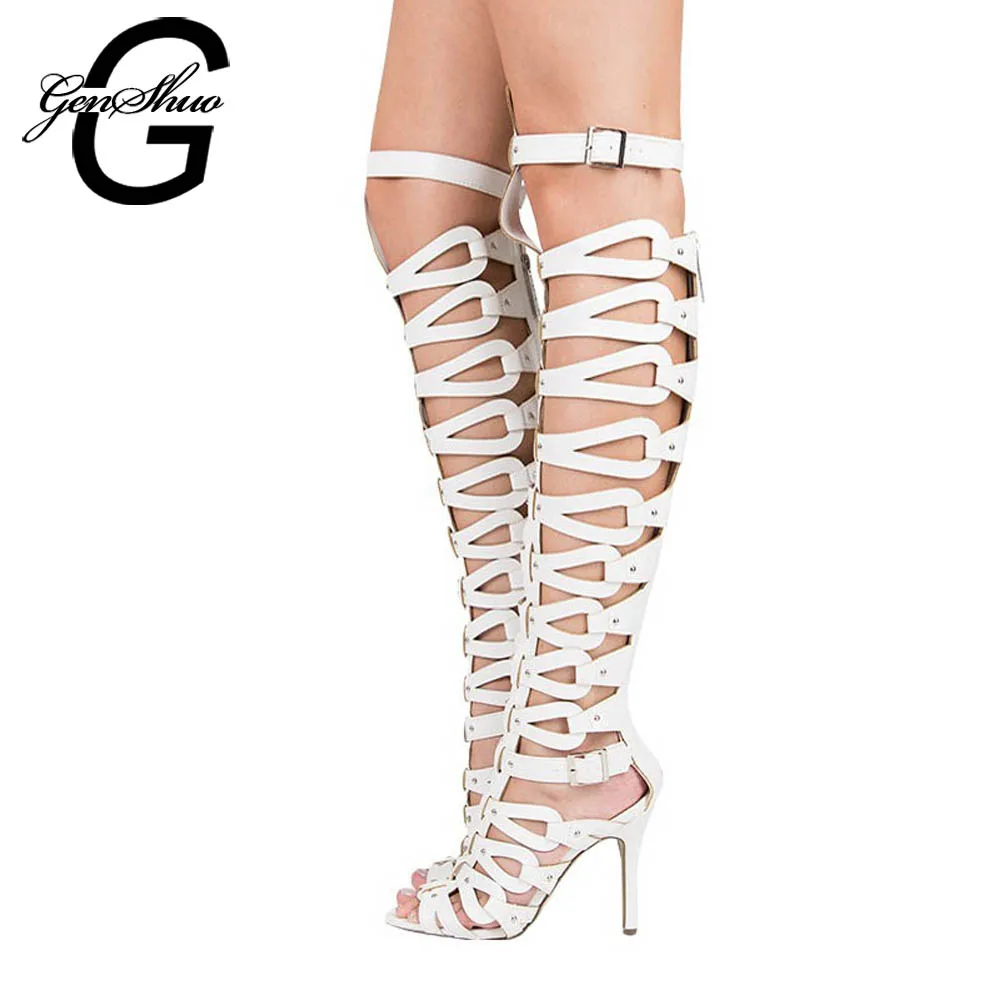 

Women Gladiator Sandals High Heels Shoes Women Summer Buckle Strap Knee Boot for Summer White Black 10cm Heel Sandals Size 5-12