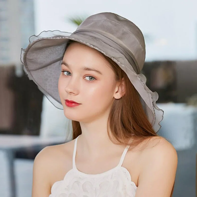 الصيف الحرير قبعة الشمس النساء واسعة حافة قبعات مماشية للموضة مرن أقنعة الإناث أنيقة البحر الشاطئ قبعات الشمس واقية قبعة