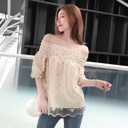 Sweet Slash Neck Women's Blouse Lace Shirt Women Lantern