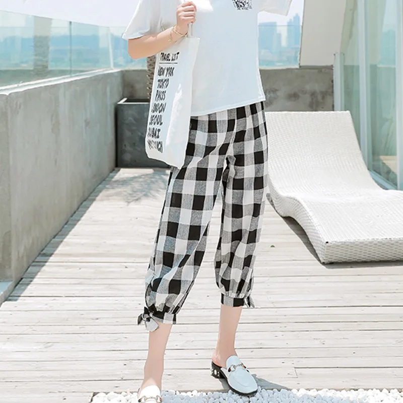 Korean Style Women Casual Loose Plaid Print Lace Up High Waist Elastic Harem Pants Black Red Capris Fashion Femme Plaid Trouser Korean Style Women Casual Loose Plaid Print Lace Up High Waist Elastic Harem Pants Black Red Capris Fashion Femme Plaid Trouser