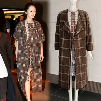 

Autumn Winter Lady New plaid Warm Turn Down Collar Woolen Coat cloak Vintage Fashion Hit Color wool blends coat