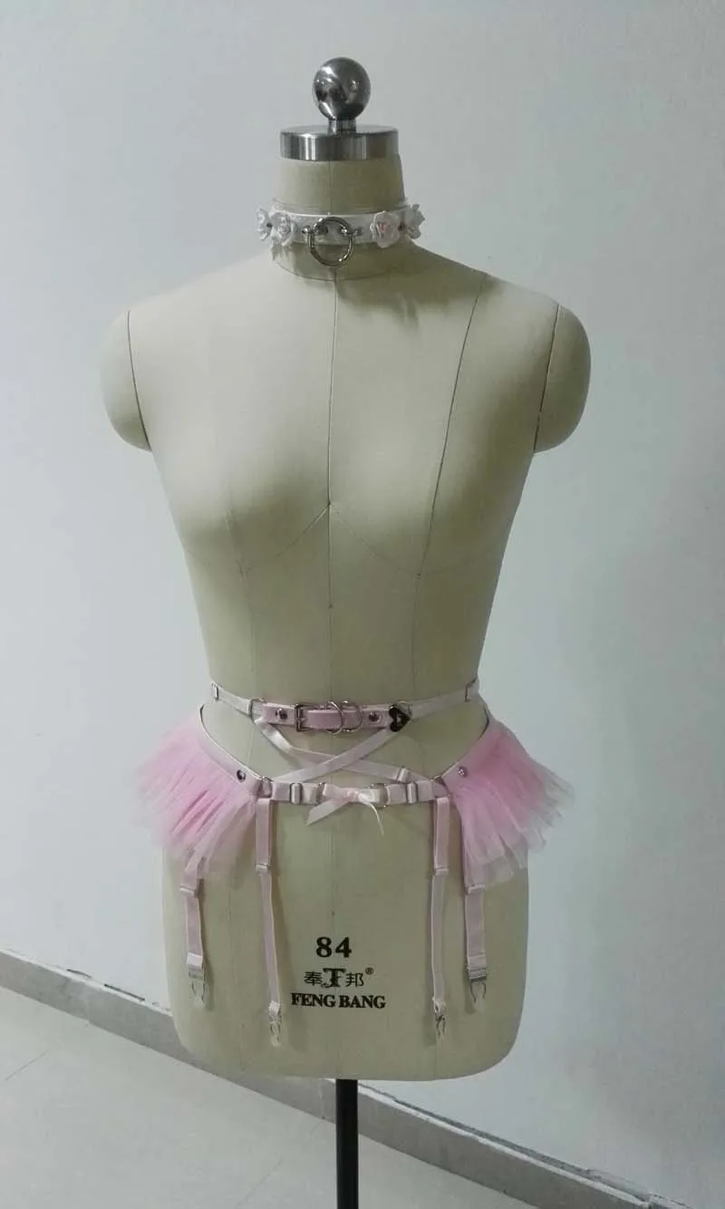 Косплей Лолита каваи ручная работа сексуальные Харадзюку кожаные эластичные подвязки ремни шифон сетка пояс подвязки для платья костюм - Цвет: Pink Garter