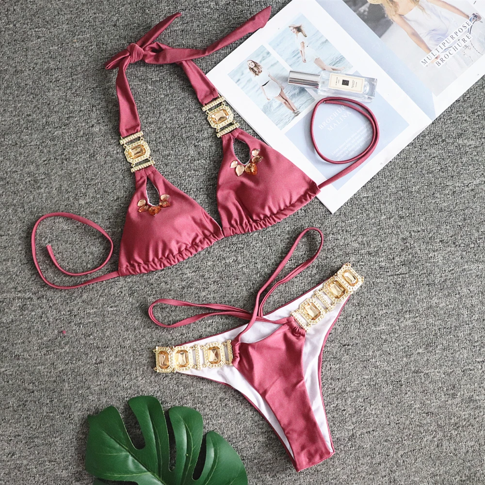 

2019 Crystal Diamond Swimsuit Swimming Suit Brazilian Biquini Sexy Bandage Bikini Set Metal chain Bathing Suit Swimwear Women