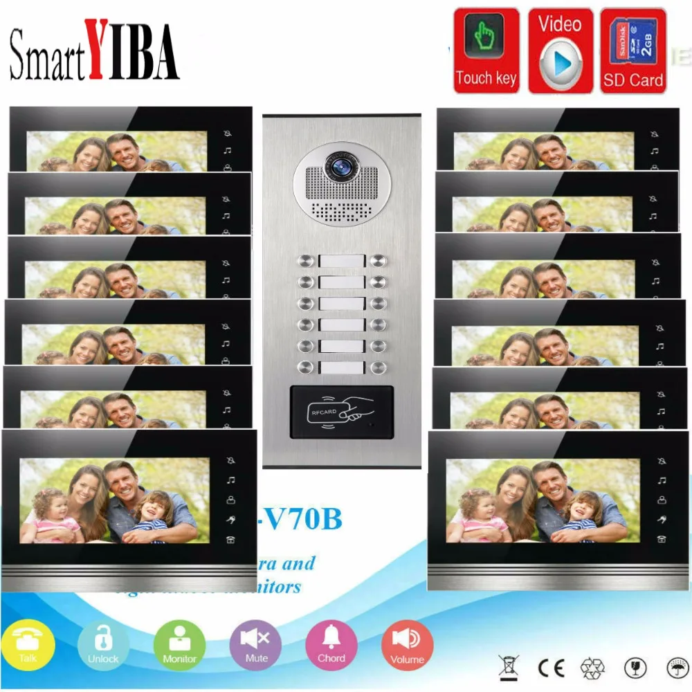 SmartYIBA 7\Inch Monitor Video Intercom Door Phone KIT RFID Access Doorbell Camera With SD Card Video Recording For 12 Apartment