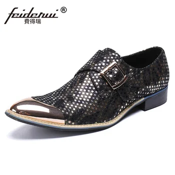 

Plus Size Fashion Round Toe Man Formal Dress Footwear Genuine Leather Monk Strap Men's Metal Tipped Banquet Party Shoes SL316