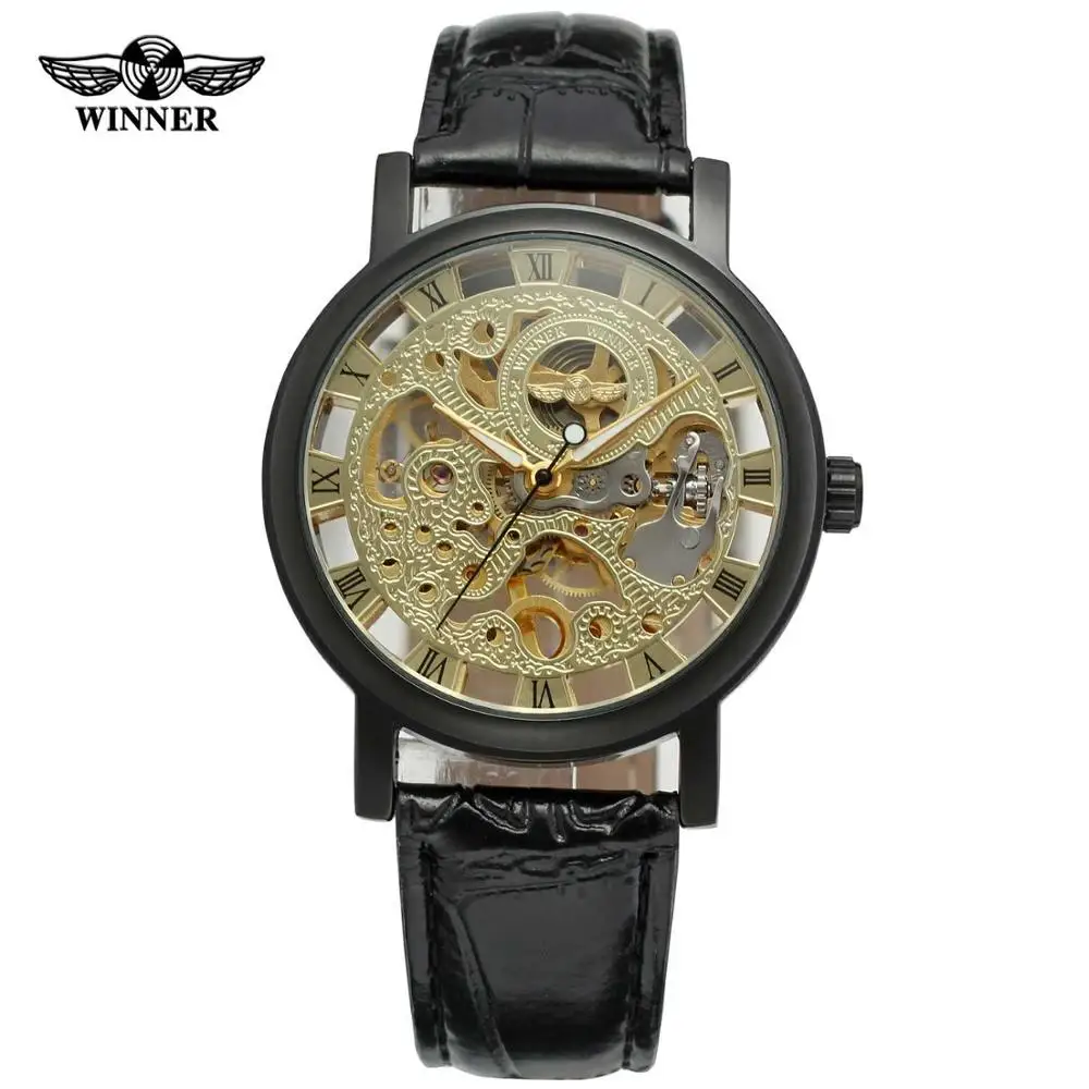 

WINNER WATCH Creative surface Golden Roman numerals digital dial black leather strap men's mechanical watch