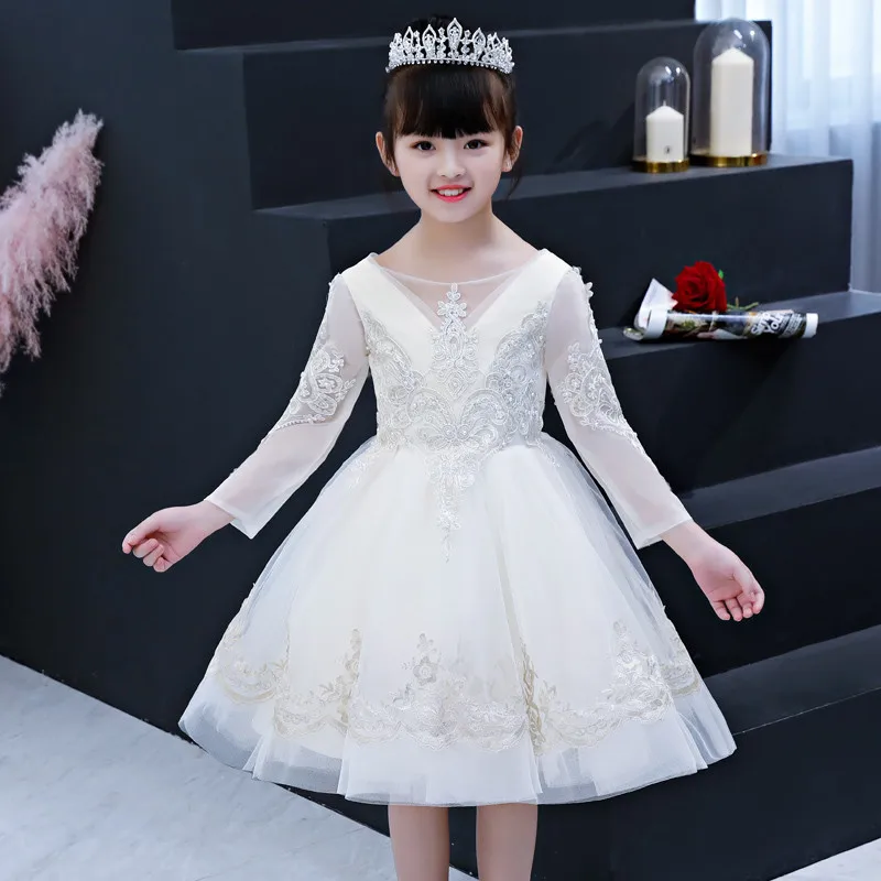 

2018 Autumn New Gorgeous Children Girls Long Sleeves Birthday Wedding Party Princess Lace Dress Kids Teens Luxury Piano Dress