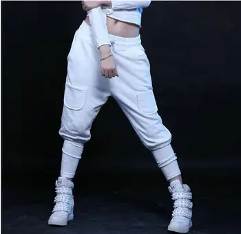 

2017 Autumn Adult Girls Loose Multi-Pockets Sweatpants Hip Hop Dance Pants Female Streetwear personality soid White Trousers