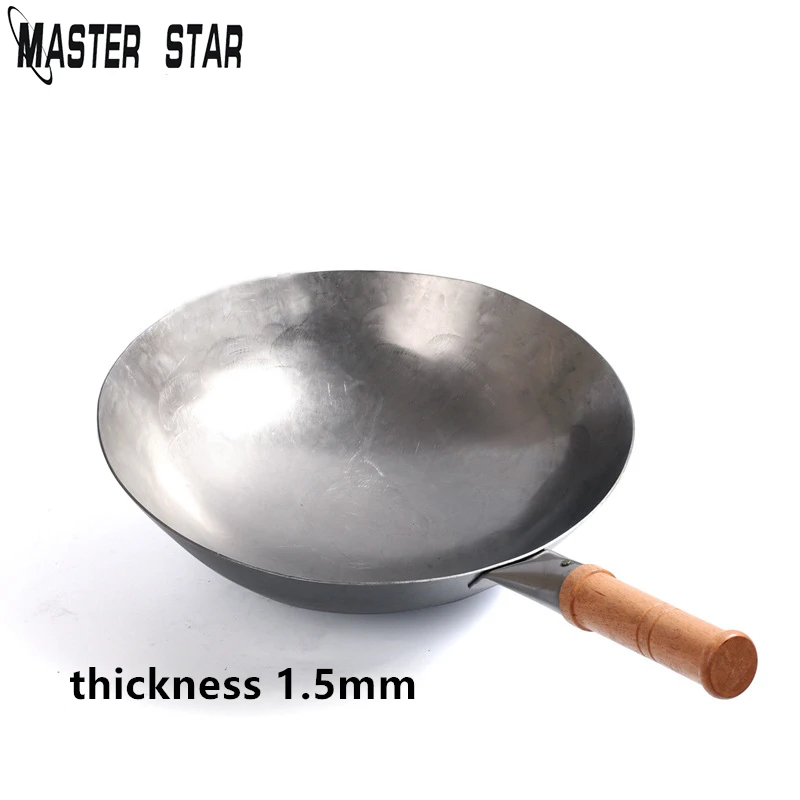 Master Star Китайский традиционный железный вок ручной работы большой ВОК& деревянная ручка антипригарный вок газовая плита сковорода кухонная посуда - Цвет: 1.5mm A