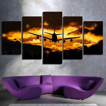 

HD Printed 5 Piece Canvas Art Airplane Sunset Canvas Painting Wall Pictures for Living Room Home Decor dorp shipping