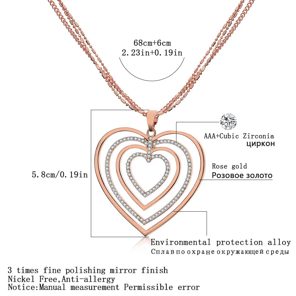 Полое хрустальное сердце, ювелирное изделие, золотое ожерелье с подвеской в виде сердца для женщин, длинная многослойная цепочка, длинное ожерелье, подарок на день Святого Валентина