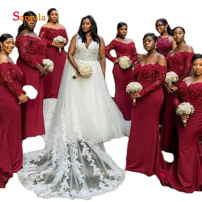 Милая с плеча Бордовые Платья для подружки невесты 2019 Африканский Свадебная вечеринка платье с рукавами из бисера аппликации платье D182