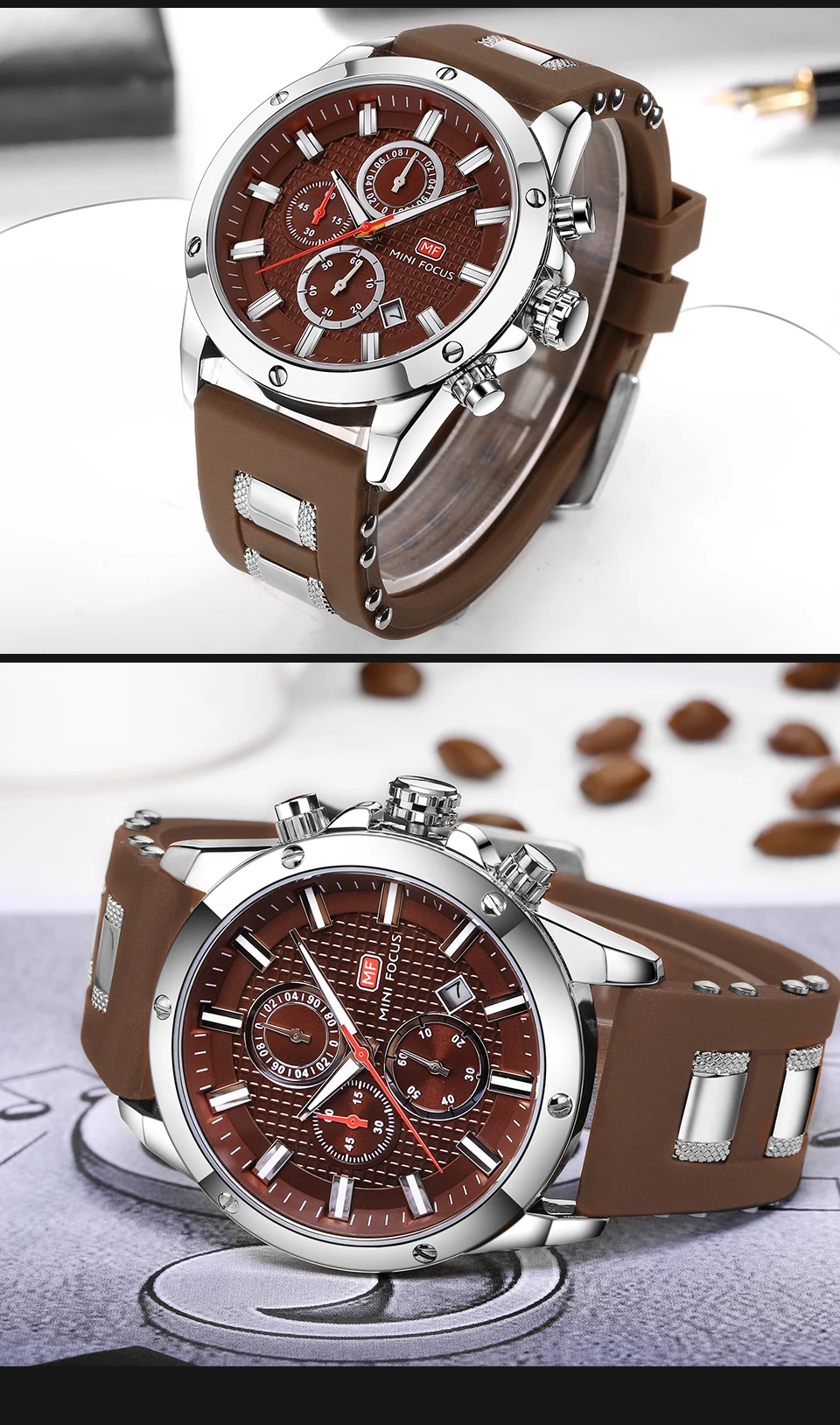 MINI FOCUS Chic Marine Men Quartz Analog Watch 3D Bolt Design 6 Hands 24H Calendar Rubber Strap Luxury Fashion Clock WITH BOX