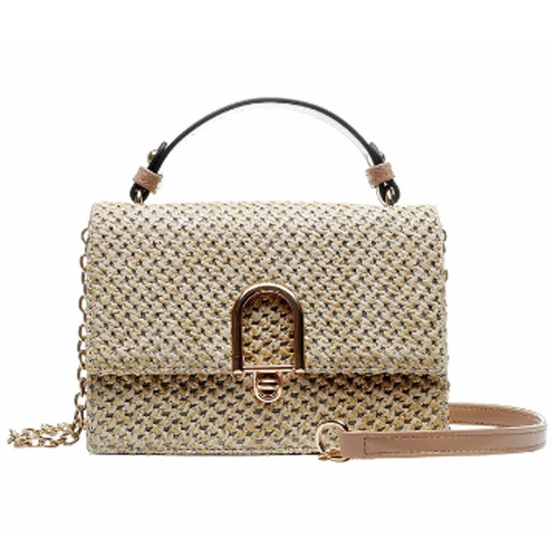 

FGGS-Straw + Pu Bag Handbag Female Summer Rattan Bag Hand-Woven Beach Bohemian Style Handbag Fashion Shoulder Bag