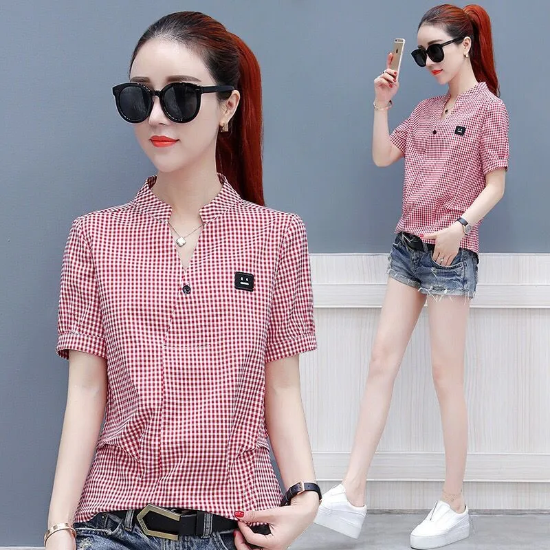 

Plus Size Tops Casual Short Sleeve Plaid Shirts Women 2019 New Summer Blouses 100% Cotton Shirt Office Lady Shirt Female Blusas