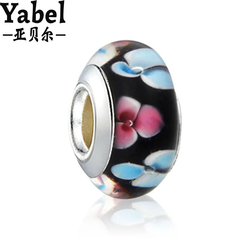 1 Pc Pink Blue Flowers Black Murano Glass Beads Charm Fit Pandora Style