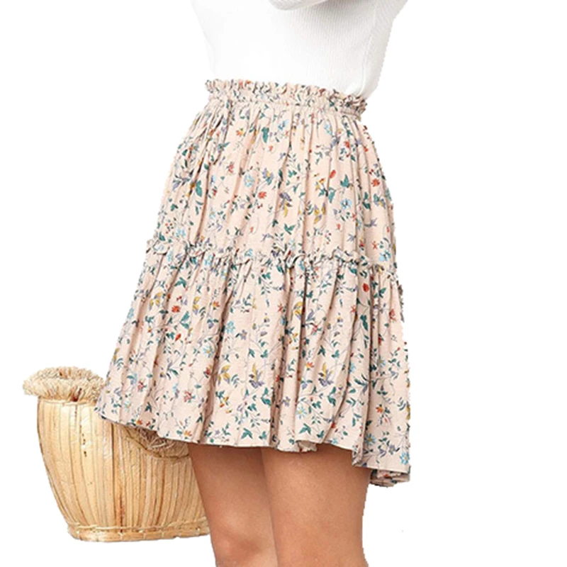 Summer Beach Casual Short Skirts Boho Floral Printed Women Skirt Elastic High Waist Ruffles Mini