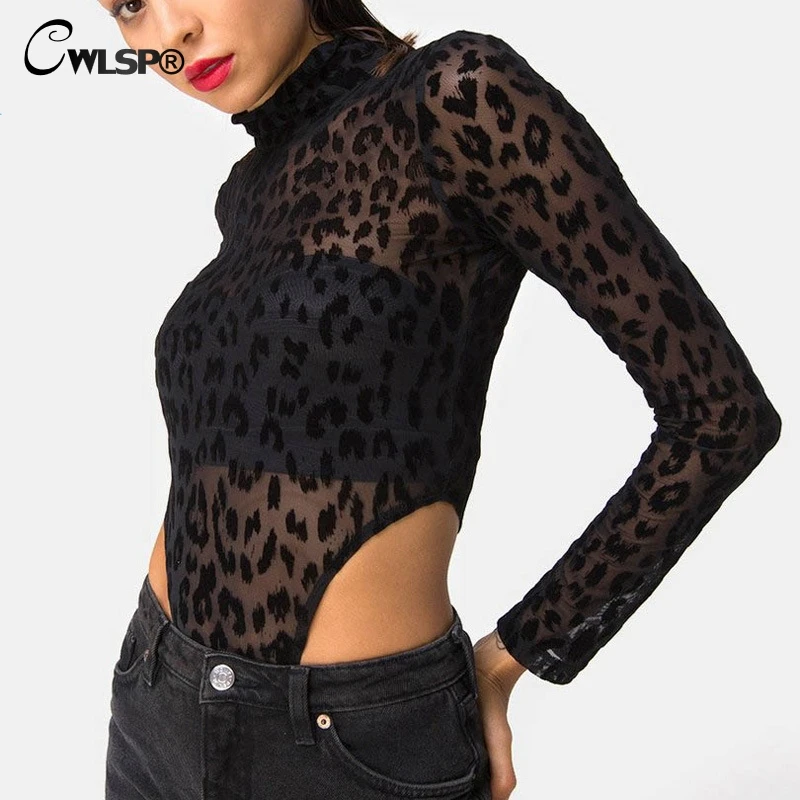 CWLSP 2018 Autumn Sexy Leopard Mesh Women Bodysuits See Through Overalls For Women Skinny Female Body Clothes QZ3157