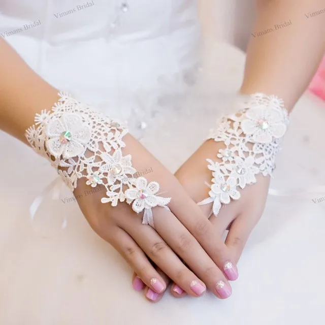 Свадебные перчатки цвета слоновой кости/Белый новые кружевные свадебные бриллиантовые Свадебные цветы высококачественные Роскошные Жемчужные варежки аксессуары