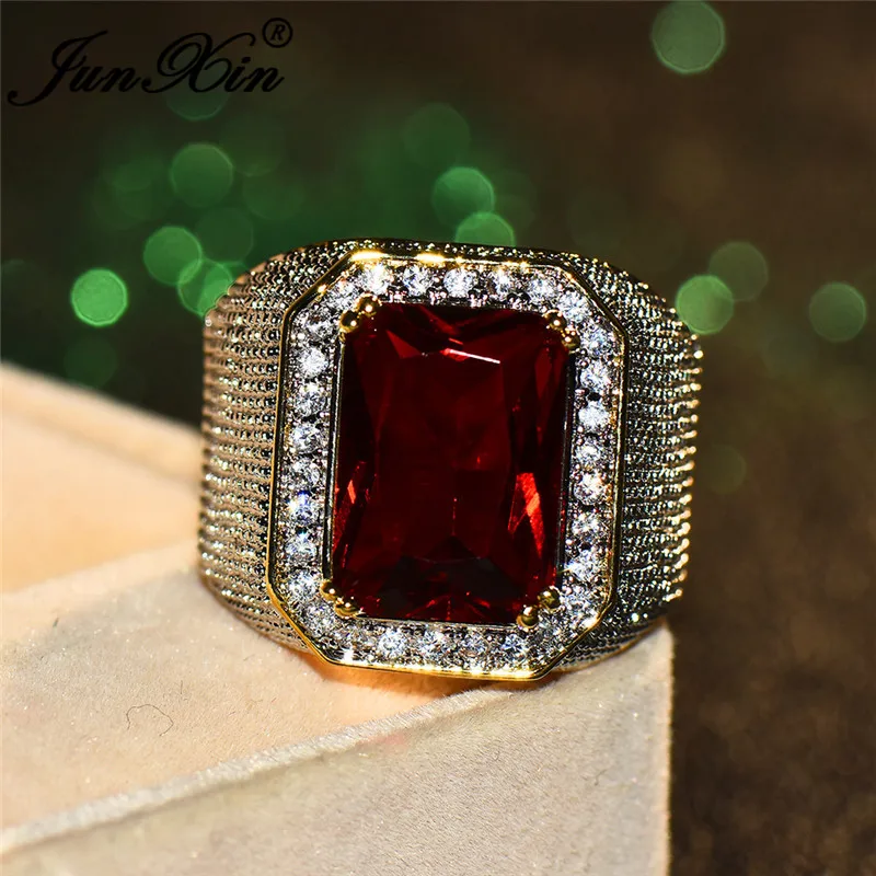 JUNXIN Boho Square Red Stone Big Rings For Men Women Yellow Gold Filled Large Zircon Crystal Engagement Wedding Ring Male Female