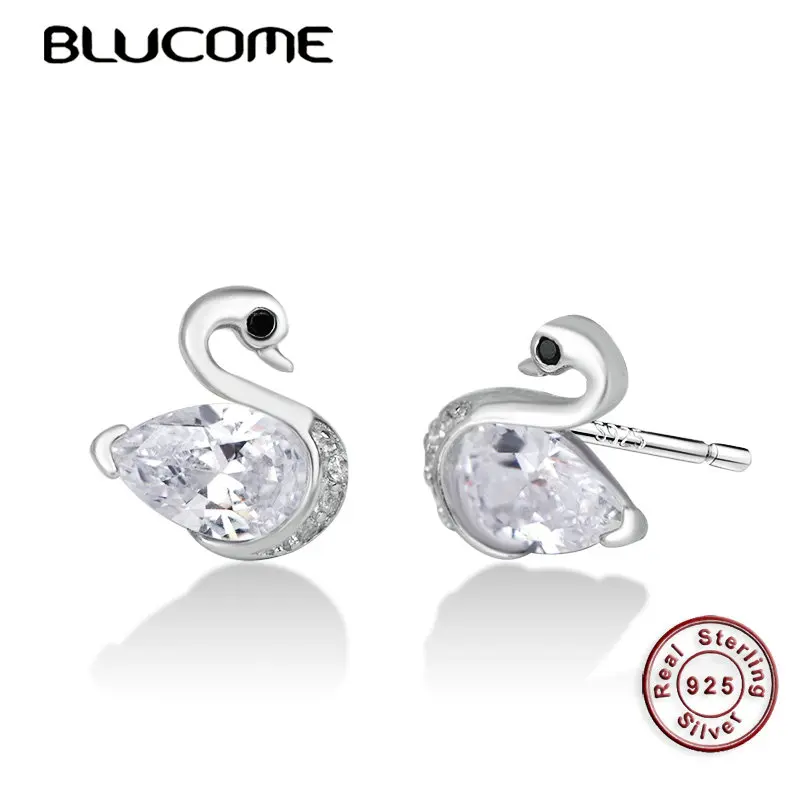 

Blucome 925 Sterling Silver Swan Shape Stud Earrings Inlay Exquisite Zircon Jewelry For Women Girls Party Decoration Accessories