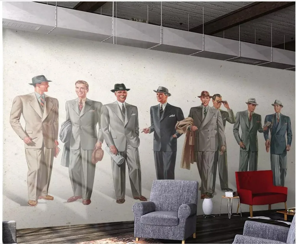 На заказ фото 3d обои для комнаты Европейский ретро ручная роспись мужской костюм магазин одежды 3d настенные фрески обои для стен 3 d