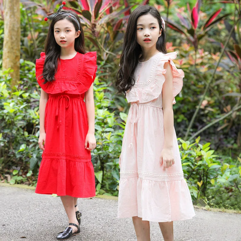 

Korean Style Ruffled Princess Cotton Long Dress for Girl New 2019 Red Pink Party Dress 10 to 12 years