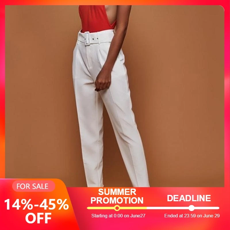 

2019 Casual Pencil Pants High Waist Autumn Belted Straight Leg Slacks Office Lady Suit Pants Streetwear Women Trousers