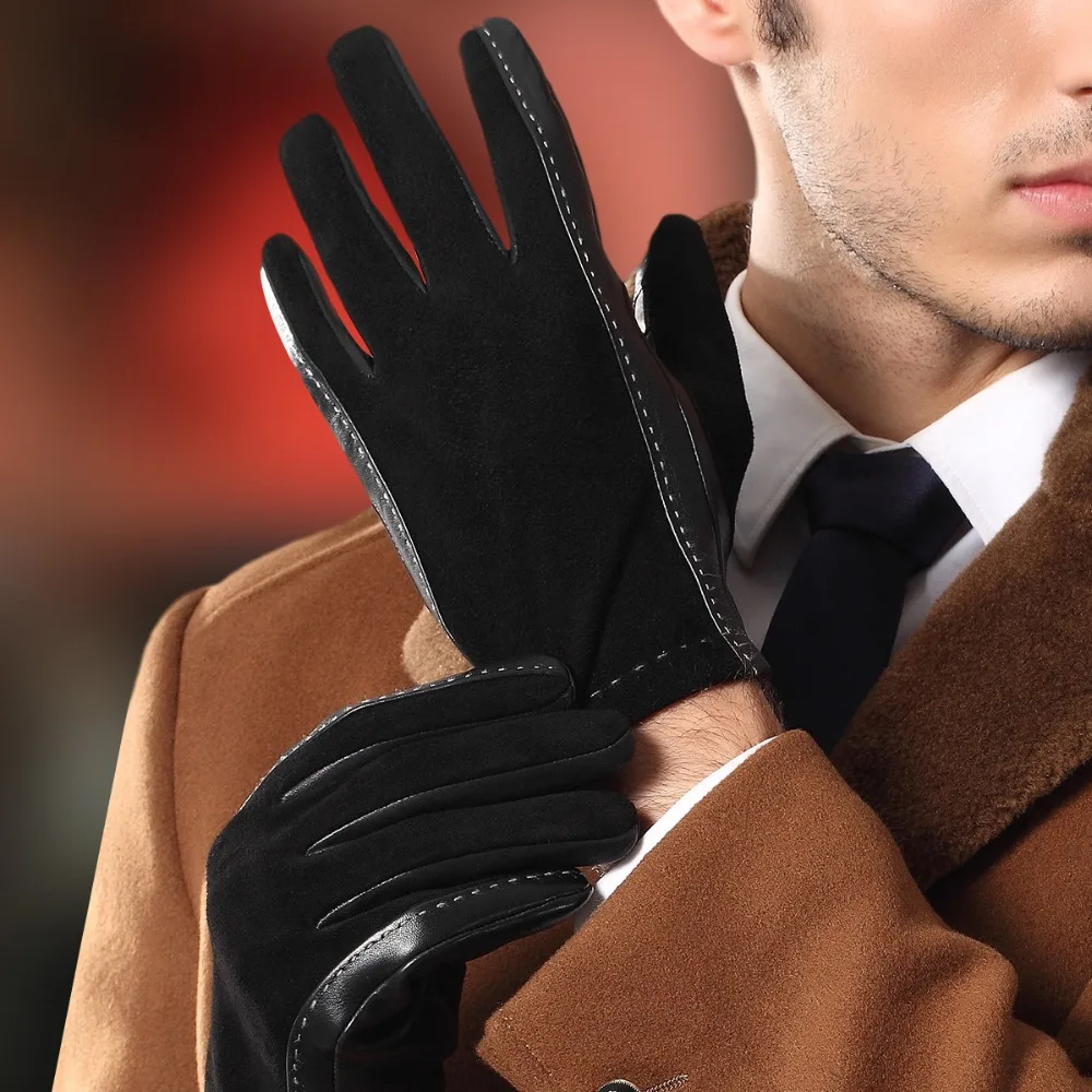 Genuine Leather Gloves Male Autumn Winter Warm Plush Lined Patchwork Fashion Suede Sheepskin Gloves Touch Optional 9003