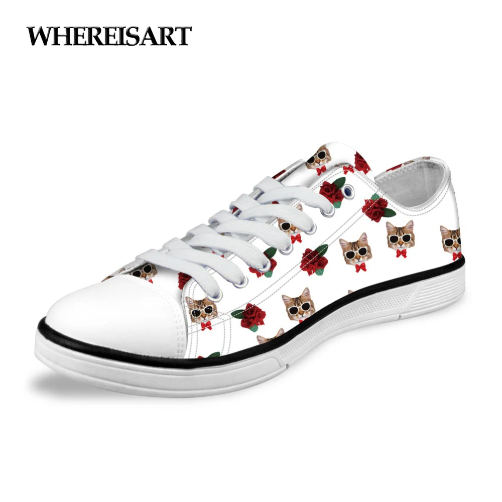 

WHEREISART Cute Animal Mini Cat Pattern Flats Vulcanize Shoes Women Fashion Spring Summer Low Canvas Shoes for Ladies Female