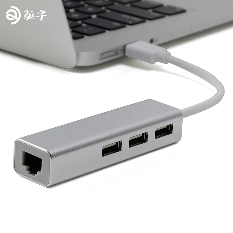 Алюминий сплав USB2.0 концентратора Ethernet-адаптер+ 3 Порты и разъёмы концентратор USB 2,0 RJ45 10/100 Мбит/с Lan для macbook Windows 10/8/7/XP - Цвет: Серебристый