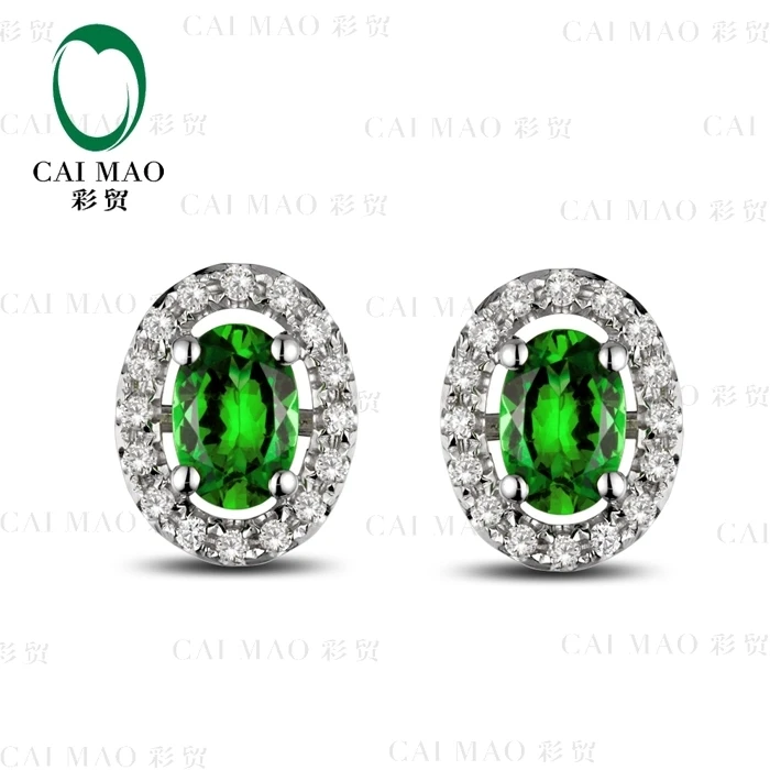 CaiMao 18KT/750 White Gold 0.88 ct Natural Tsavorite & 0.23 ct Full Cut Diamond Engagement Gemstone Earrings Jewelry