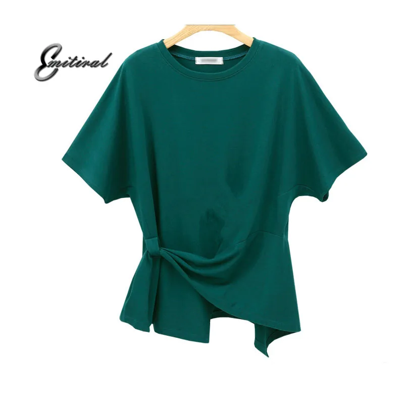 

2017 Summer Autumn Plus Size 4XL-5XL European Style Women Tops Cotton Ladies T-Shirts Fashion Asymmetric Sashes Street Pullover