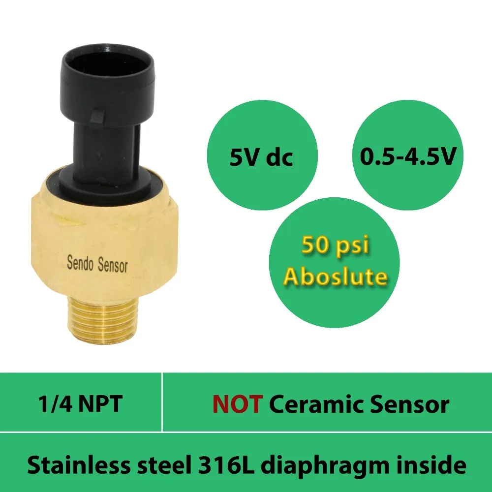 sensor pressure transducer, 50 psi absolute, 0.5 to 4.5V signal, 5V dc