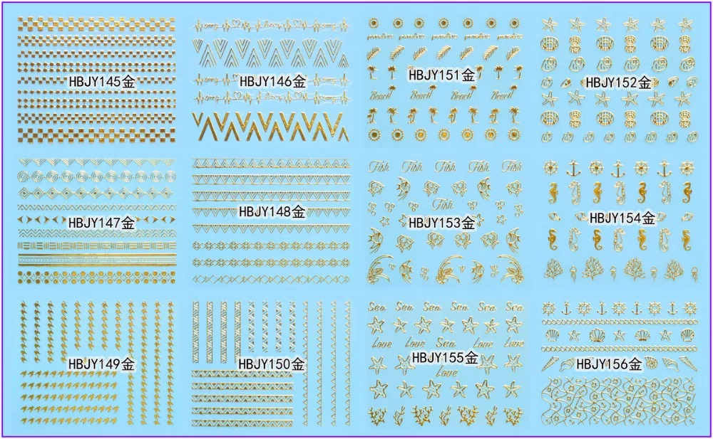 12 шт./лот, самоклеющиеся 3D наклейки для ногтей, татуировки, белый, черный, золотой, серебряный, молния, стрелка, волна, морская звезда, лошадь, раковины, HBJY145-156