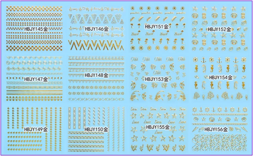 

12 PCS / LOT SELF-ADHESIVE 3D NAIL TATTOOS STICKER WHITE BLACK GOLD SILVER ZIPPER ARROW WAVE SEA STAR HORSE CONCH HBJY145-156